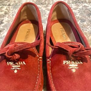 Prada women’s genuine suede leather Coral Red Loafers / flats , SIZE EU:38